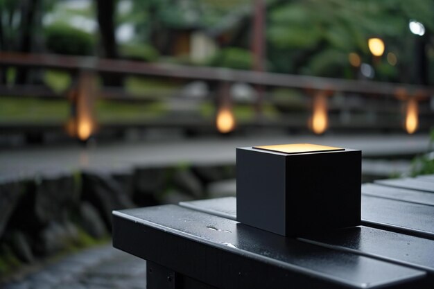 Bougie dans une boîte noire sur un banc de bois dans le parc