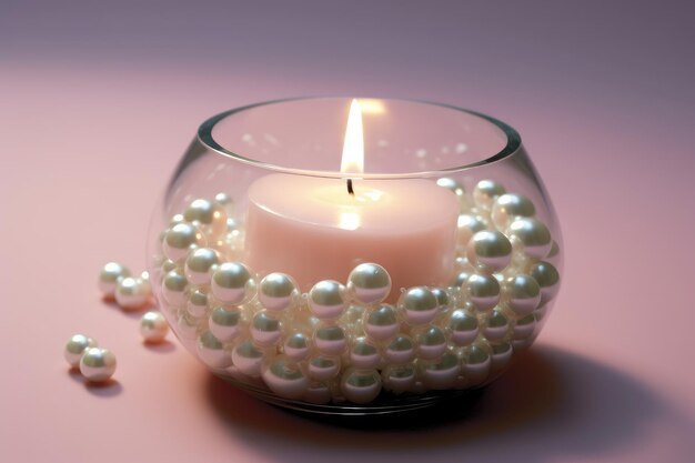Une bougie dans un bol en verre entouré de perles.