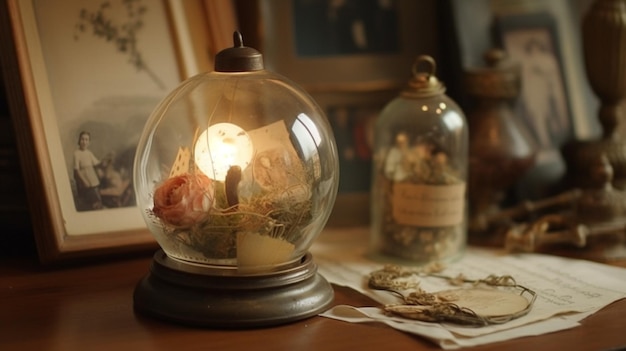 Une bougie dans un dôme de verre est posée sur une table à côté d'un livre et d'un livre.