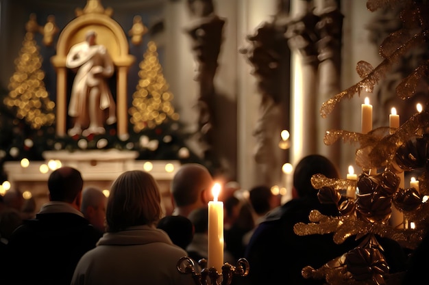 Une bougie dans une église avec une statue de l'esprit saint à l'arrière-plan