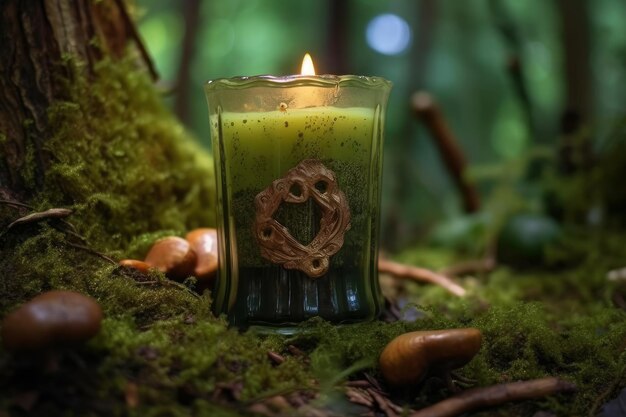 Une bougie dans la forêt avec un arbre au fond