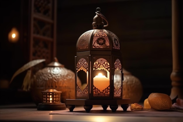 Une bougie dans une lanterne dorée est posée sur une table avec d'autres objets décoratifs.