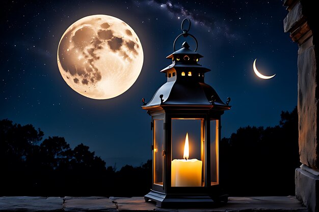 une bougie dans une lanterne avec une pleine lune en arrière-plan