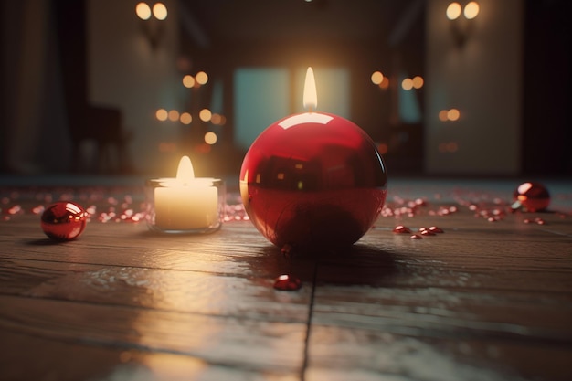 Une bougie dans une pièce sombre avec une boule rouge sur le sol.
