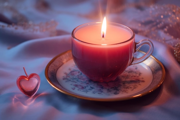 Une bougie dans une tasse avec un coeur en forme de coeur sur la plaque