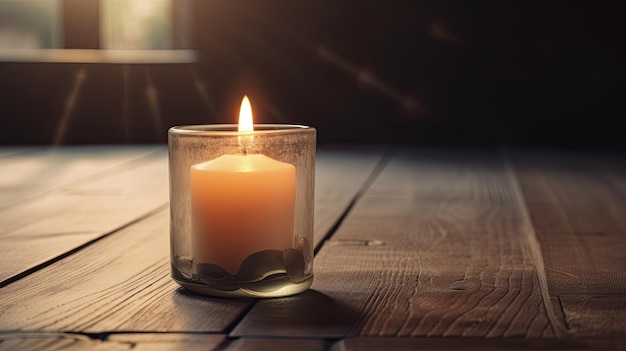 Une bougie dans un verre sur une table en bois