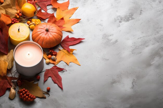 Photo bougie décorative et feuilles d'automne sur le sol dans le style d'arrière-plans minimalistes