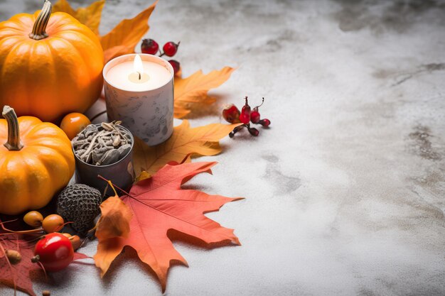 Photo bougie décorative et feuilles d'automne sur le sol dans le style d'arrière-plans minimalistes
