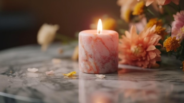 Une bougie avec un dessin en marbre rose est posée sur une table en marbre avec des fleurs en arrière-plan.