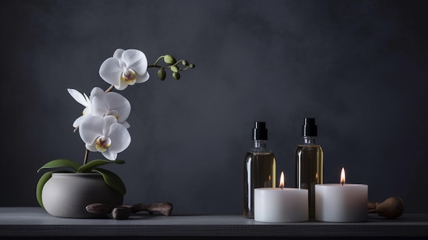 Une bougie et deux bougies avec une fleur sur la table