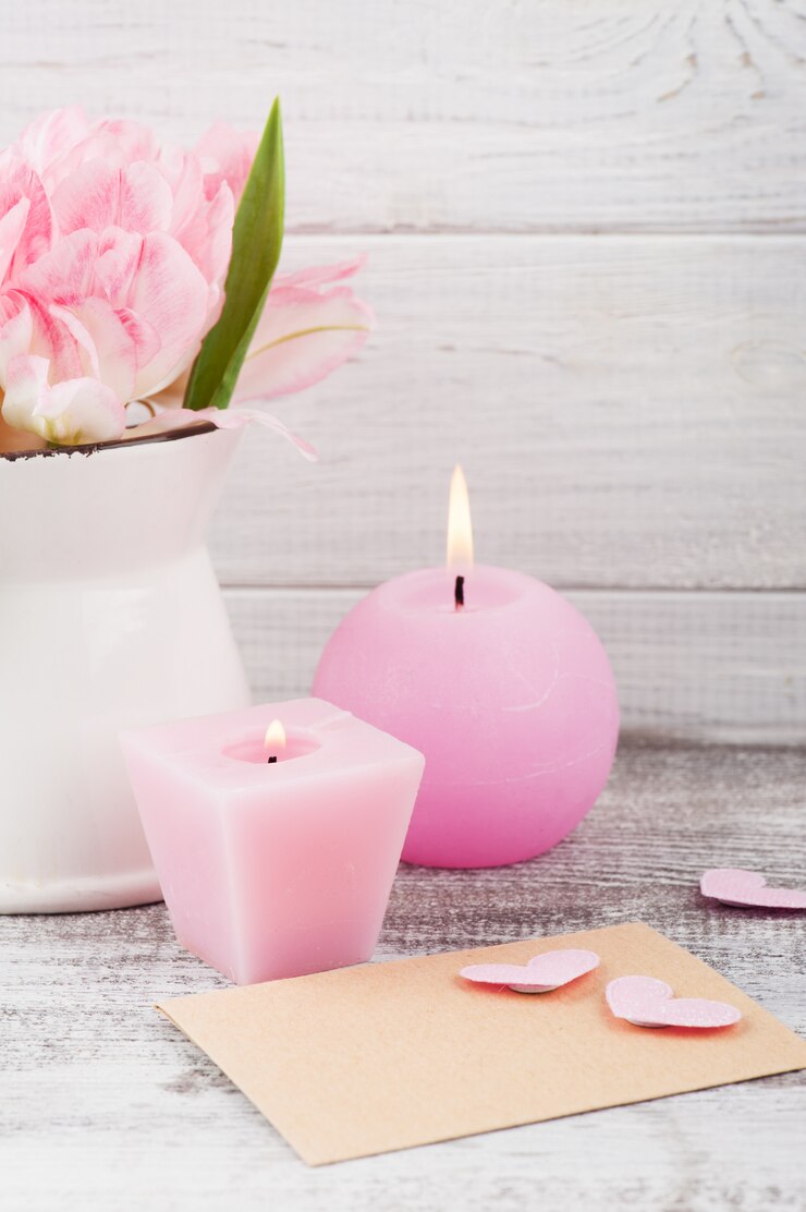 Bougie et fleurs de tulipe rose fraîche