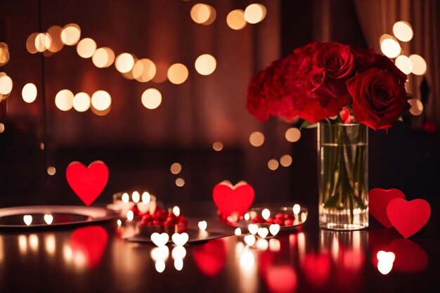 Photo une bougie en forme de cœur est dans un vase en verre avec des roses rouges dedans