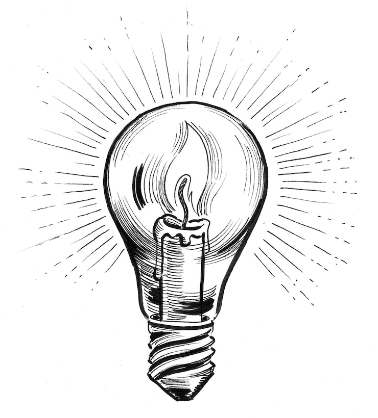 Photo bougie à l'intérieur de l'ampoule électrique. dessin noir et blanc à l'encre