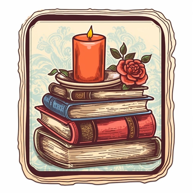 une bougie et des livres avec une rose sur le dessus