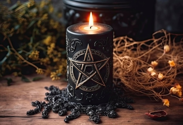 Une bougie avec le mot wiccan dessus