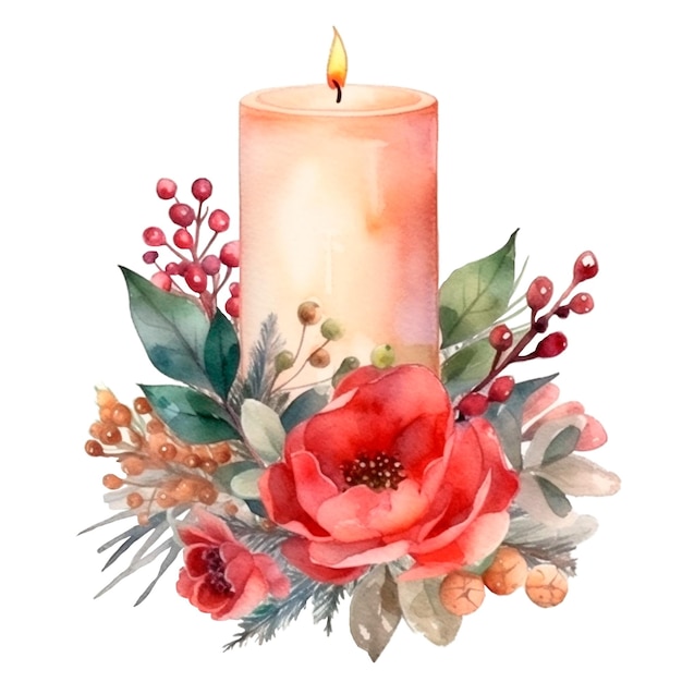 Bougie de Noël aquarelle AI générative bougie de Noël florale illustration isolée