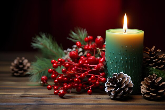 Bougie de Noël et décorations sur une table en bois avec des cadeaux