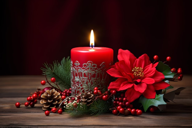 Bougie de Noël et décorations sur une table en bois avec des cadeaux