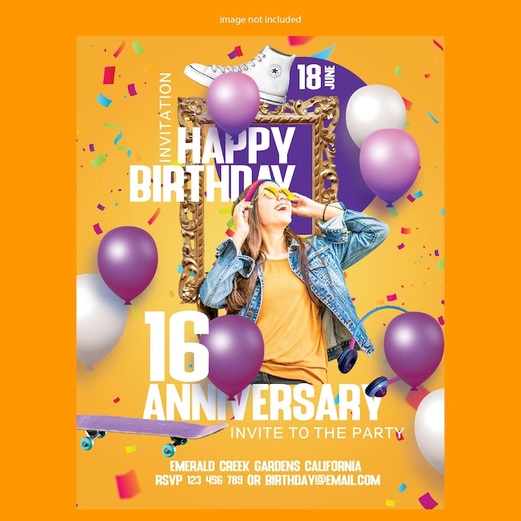 Photo bougie de numéros d'anniversaire avec personnage drôle et modèle de carte d'invitation à une fête d'anniversaire