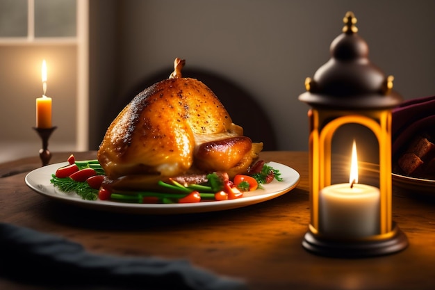 Une bougie et un poulet sur une table à côté d'une bougie.