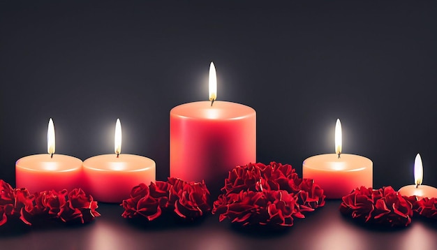 Une bougie rouge sur fond noir et des bougies rouges.