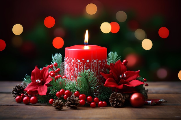 Bougie rouge sur table en bois avec des bougies de Noël et des cloches