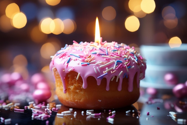 Une bougie scintillante en forme de beignet rose en toile de fond lumineuse au milieu d'un bokeh éclaire une scène captivante