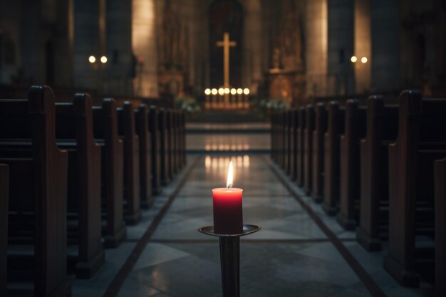 Une bougie solitaire scintillante dans une église sombre