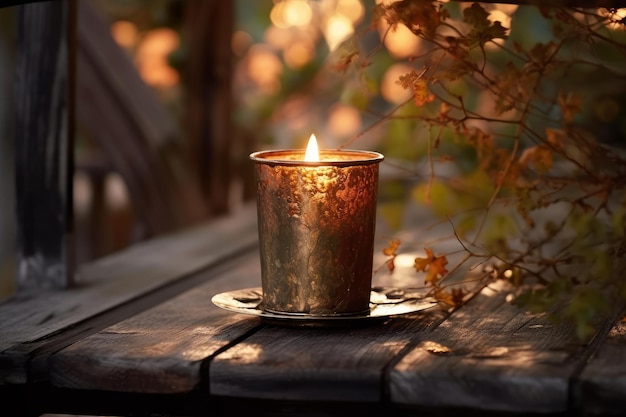 Une bougie sur une table à l'automne