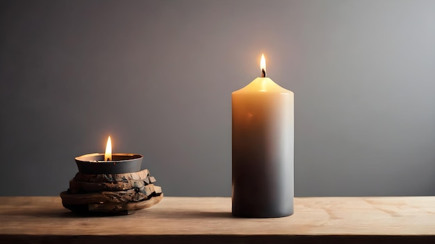 Une bougie sur une table en bois près de la fenêtre.