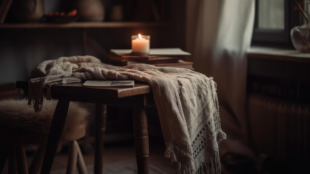 Une bougie sur une table avec une bougie dessus