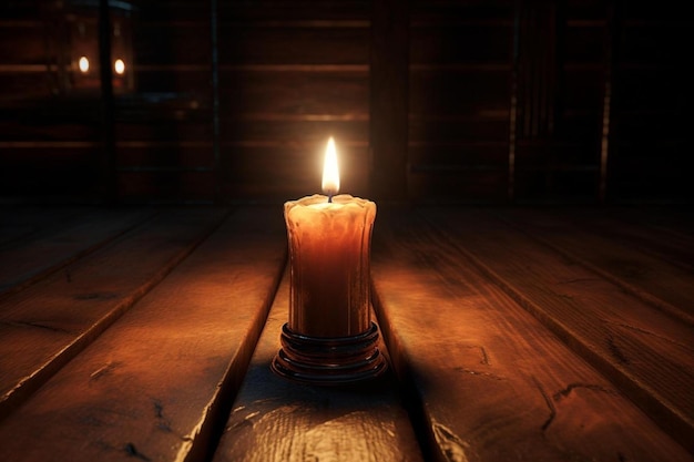 Une bougie sur une table avec un fond en bois