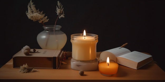 Une bougie sur une table avec un livre et des fleurs.