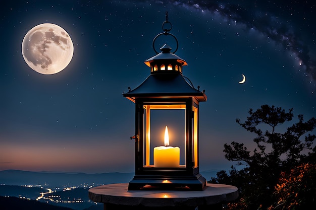une bougie sur une table avec une pleine lune en arrière-plan