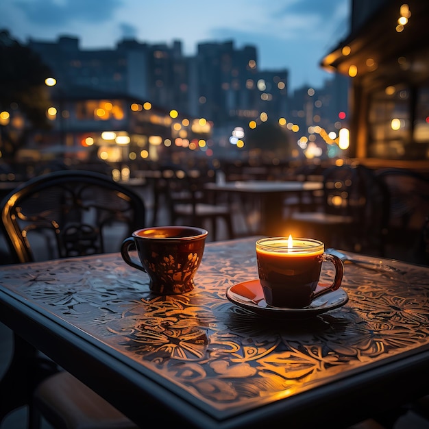 Avec Bouilloire Tasse De Café Et Une Bougie Brûlante Photo stock