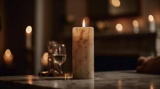 Une bougie sur une table avec un verre de vin en arrière-plan