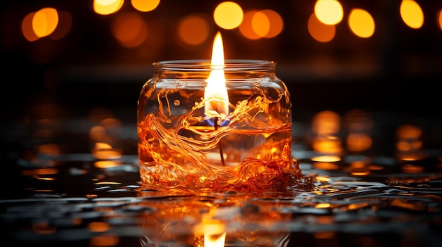 Photo bougie de verre avec une flamme sur fond noir