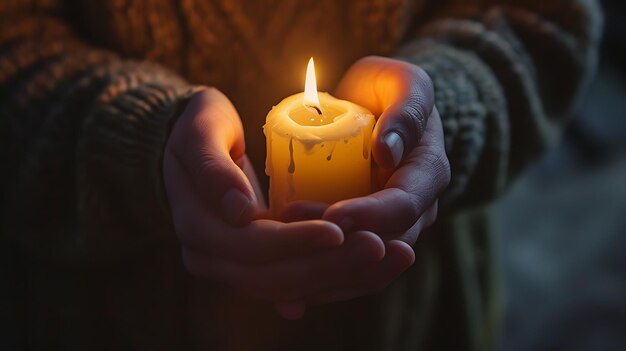 Bougies allumées dans les mains d'une femme sur fond sombre Concept religieux Femme tenant un lar