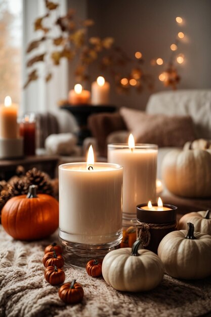 Bougies allumées avec des décorations d'automne sur la table du salon