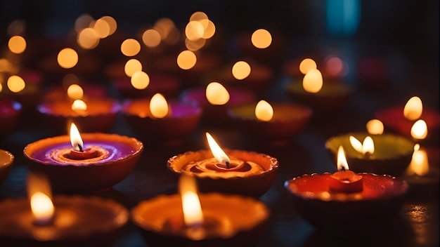 Bougies allumées lors du festival Diwali en Inde, mise au point sélective