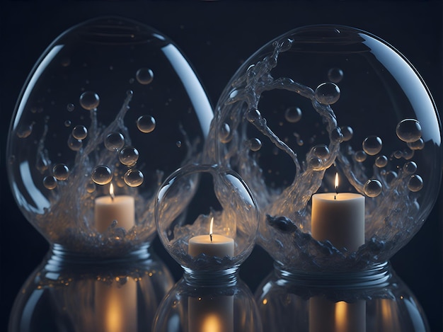 Bougies allumées relaxantes à l'intérieur de bulles flottantes