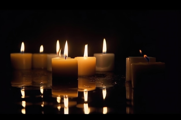 Des bougies allumées sur le sol dans l'obscurité avec de l'espace pour l'IA génératrice de texte