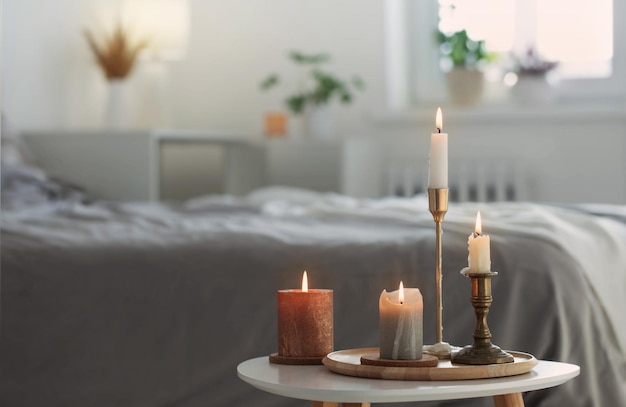 Bougies allumées sur une table blanche dans la chambre