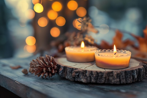 Des bougies allumées, une table en bois, des cônes de pin, des saisons, une ambiance sublime et réconfortante, la lumière se penche, le feu de camp se ferme.