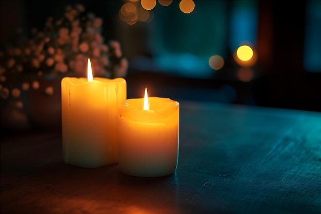 Des bougies allumées sur une table dans l'obscurité