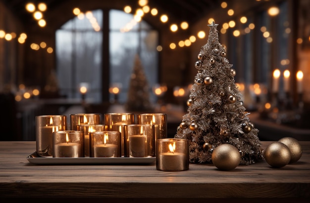 Des bougies et un arbre de Noël sont sur une table avec un plateau d'ornements génératifs ai