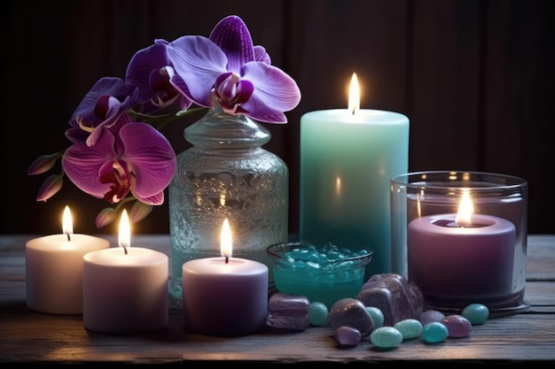 Bougies aux orchidées et orchidées sur une table