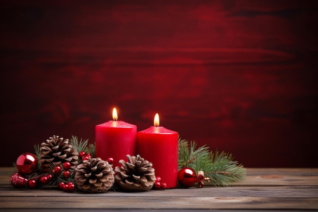 Bougies de l'avent rouges avec branches de décoration de Noël naturelles et pommes de pin sur une surface en bois rustique Illustration générative de l'IA