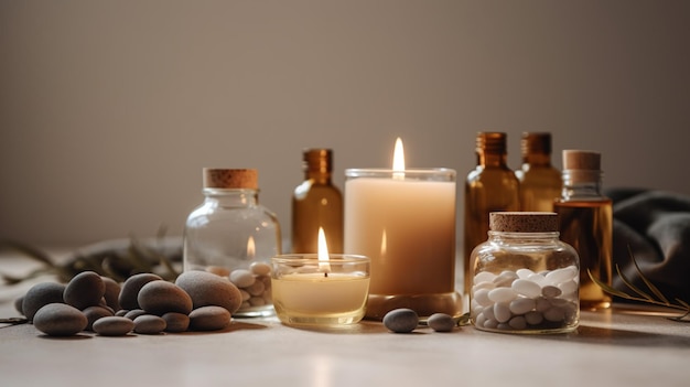 Des bougies, des bougies et des bouteilles d'huile de massage sont posées sur une table.