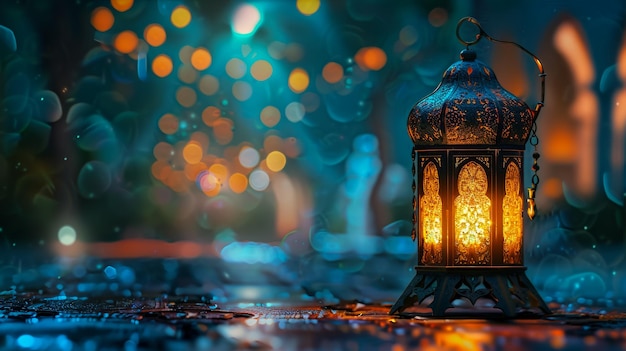 Les bougies brillent dans le paysage islamique sombre Ramadan Kareem